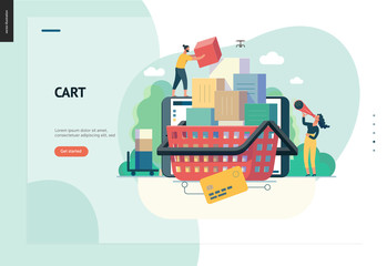 Business series, color 1- cart - modern flat vector illustration concept of online shop - people placing boxes into the cart. Purchase cart and shopping process. Creative landing page design template