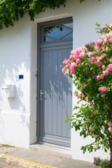 Grey French door with pink roses