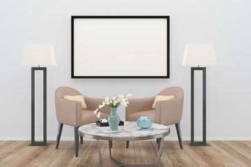 wall 3d render interior vintage living room template background copy space