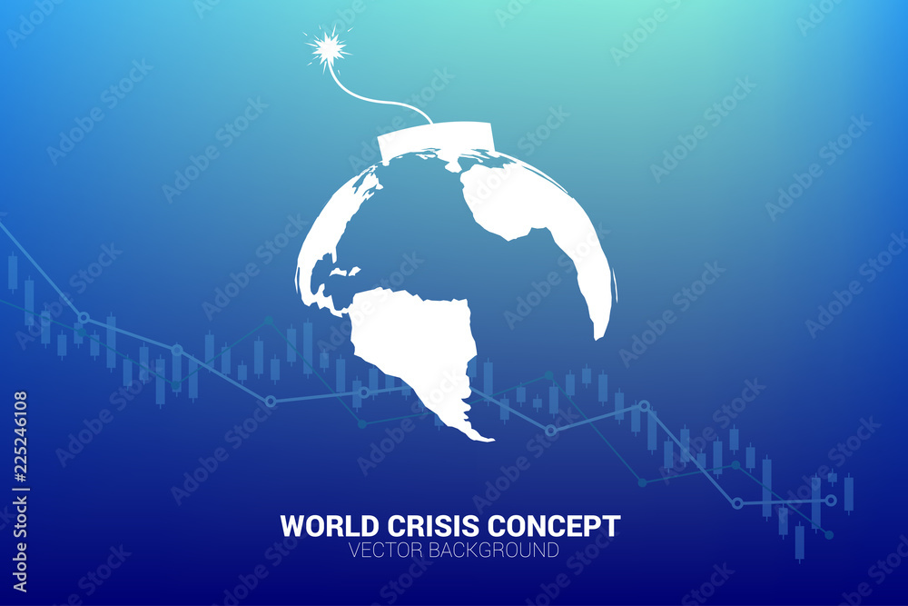 Poster concept of world economic crisis. time bomb with earth planet world map with stock graph.