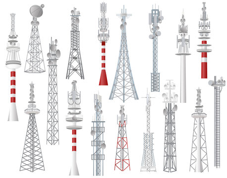 Radio tower vector towered communication technology antenna construction in city with network wireless signal station illustration set of towering broadcast equipment isolated on white background