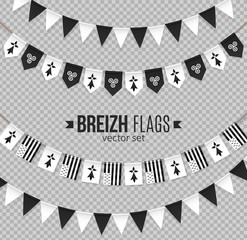 Black and white breton little flags garlands vector set. Pennants of Brittany with hermines and triskels - obrazy, fototapety, plakaty