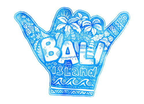 Blue Watercolor Hang Loose Shaka Hand Silhouette With White Lettering Bali Island Inside. Vector Doodle Style Surfing Symbol