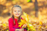 Happy little girl with autumn leaves in the park