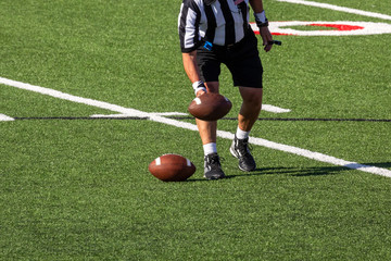 Football Referee placing ball on football field 