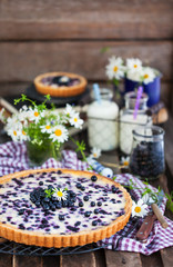 Fresh homemade creamy blueberry tart (open pie) on rustic background