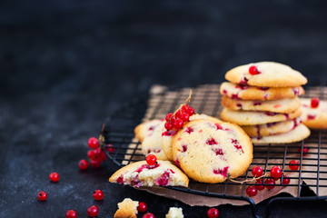 Fresh homemade cookies with red currants on dark background