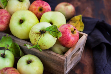 Fresh ripe colorful apples in wooden box on rustic background