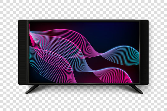 Modern smart TV set 3d vector illustration. Isolated realistic icons on transparent background. LCD Plasma screen with abstract background.