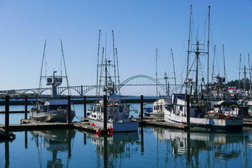 Docked fishing boats and bridge on the oregon coast