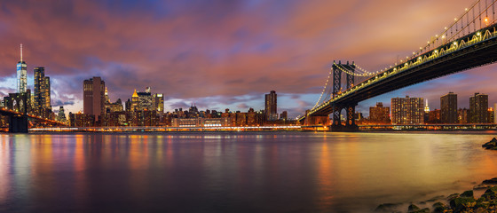 Manhattan bridge and Manhattan after sunset, New York City