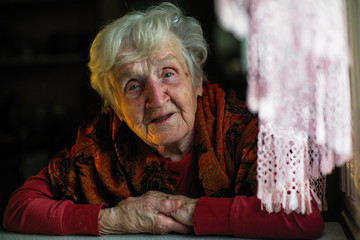 Portrait of elderly woman sitting at the table.