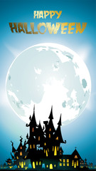Halloween night background with pumpkin, haunted house, castle and full moon. Flyer or invitation template for banner, party, Invitation . Vector illustration with place for your Text & copy space