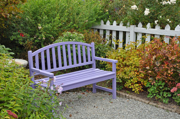 Purple garden bench in yard patio