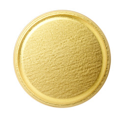 Golden metal lid of jar isolated on white. Top view.