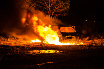 Fototapeta na wymiar Τhe thieves burn a job car after robbery Athens Greece