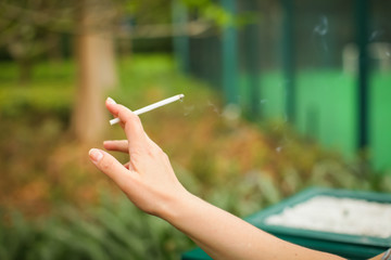 Female hand with smoking cigarette on blurred green park background