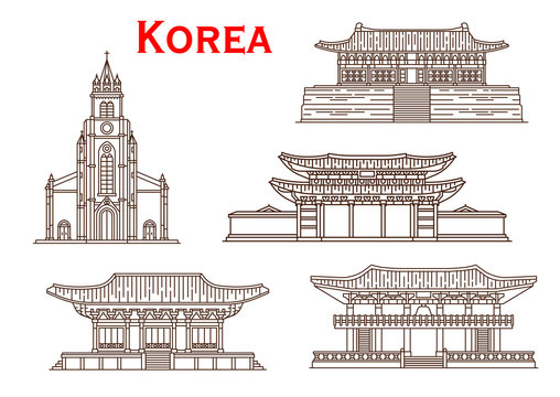 Korea architecture facades vector thin line icons