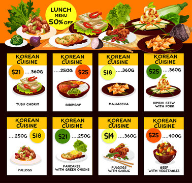 Korean cuisine kimchi and meat dishes lunch menu