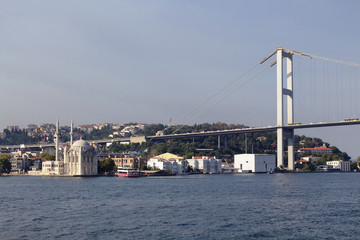 View of old, historical Ortakoy Mosque by Bosphorus, the bridge and European side of Istanbul.