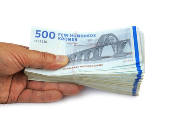 Handful Danish krone. ( DKK ) 500 Krone banknotes .