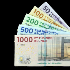 Danish krone. ( DKK ) 1000, 500,200,100,50, Kroner banknotes on black background..