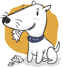 Playful Mischievous Bull Terrier with a Ragged Newspaper, Vector Illustration