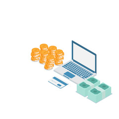 stack of money and credit card with laptop vector isometric