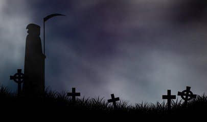 Grimm-reaper standing on graveyard in scary night