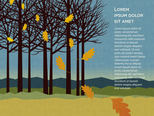 autumn background with trees and falling leaves for backgrounds, banners, print designs. Vector illustration.