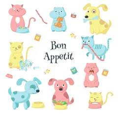 Poster Speelgoed Schattige gezelschapsdieren eten voedsel vector icon set