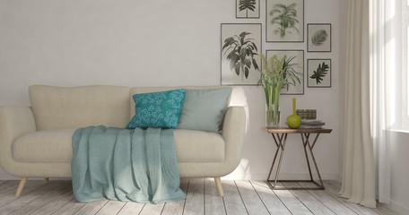 Mock up of white minimalist room with sofa. Scandinavian interior design. 3D illustration