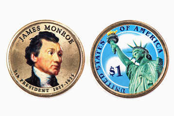 James Monroe Presidential Dollar, USA coin a portrait image of JAMES MONROE 5th PRESIDENT 1817...