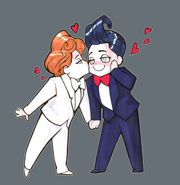 Cartoon anime illustration. Two happy handsome men, just married homosexual couple, 
hold hands and kiss each other on the abstract beautiful background