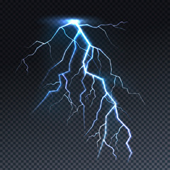 Lightning or thunderbolt light vector illustration. Isolated realistic sky thunderstorm electric spark flash on transparent background