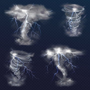 Tornado with lightning vector illustration of realistic thunderbolt light flash in twister hurricane. Wind cyclone vortex in storm weather isolated on transparent background
