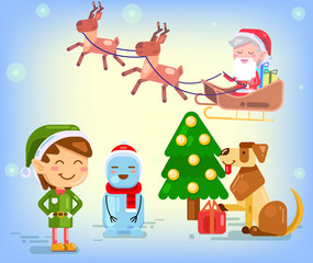 Merry Christmas and Happy New Year composition. cartoon Character Flat Santa Claus and Reindeer. New year dog, Snowman and Cute elf Christmas scene. Vector Illustration