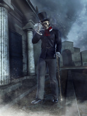 Zombie gentleman w alejce cmentarza nocą - obrazy, fototapety, plakaty