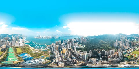 Poster Im Rahmen 360 Luftbild-Panorama-Stadtbild von Hongkong, China © YiuCheung