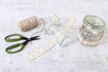 How to make glass jar decorated with lace and string