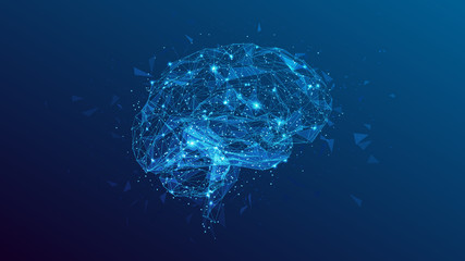 polygonal human brain illustration on blue background - obrazy, fototapety, plakaty