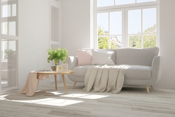 Idea of white room with sofa and summer landscape in window. Scandinavian interior design. 3D illustration
