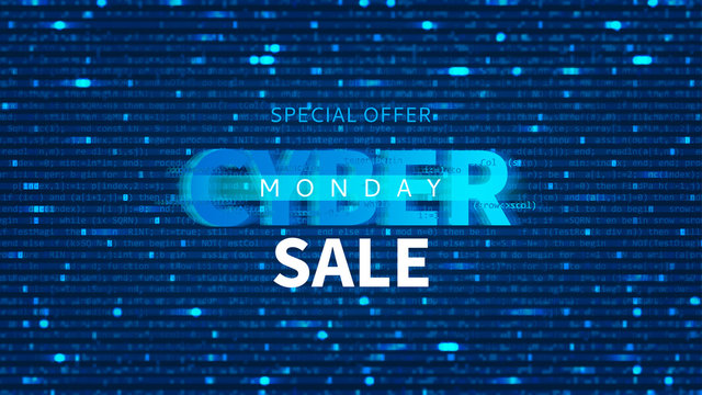 Cyber Monday sale banner with program code. Promo Blur Effect background. Vector Illustration with concept of Programming. Seasonal discount offer.