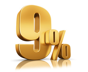 3d render illustration. Golden nine percent on a white background.