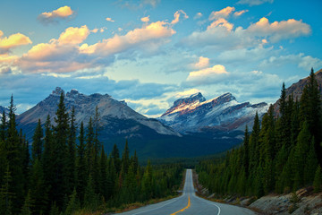 Evening light on the mountains along the Icefields Parkway in Banff National Park, Canada