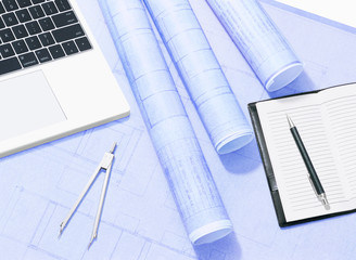 computer and  blueprint