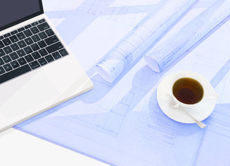 computer and  blueprint