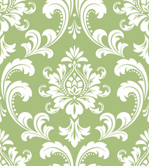 Wallpaper in the style of Baroque. Seamless vector background. White and green floral ornament. Graphic pattern for fabric, wallpaper, packaging. Ornate Damask flower ornament