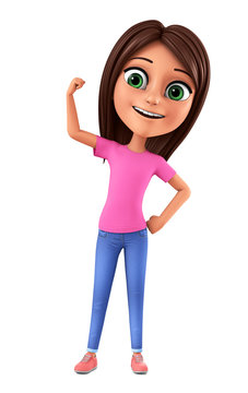 Girl in jeans shows muscles on a white background. 3d render illustration.
