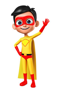 Boy in a yellow superhero costume with a raised hand up on a white background. 3d render illustration.